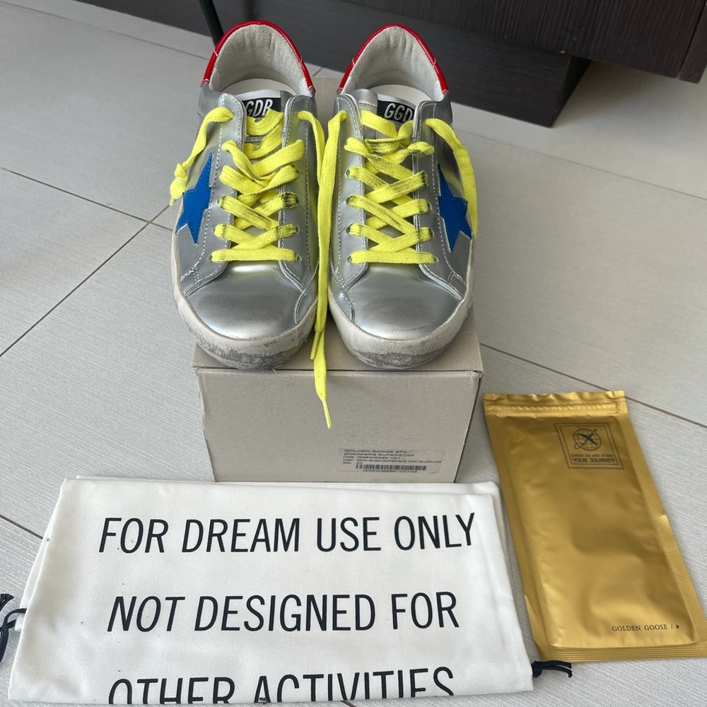 NWT Brand New Golden Goose Women’s Superstar Silver Blue Star Leather Sneaker 37